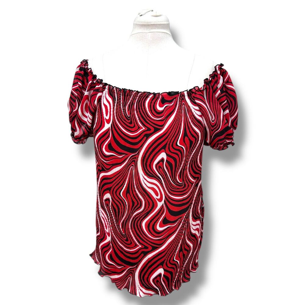 Blue Diamond Women’s Short Sleeve Off Shoulder Blouse, Red Marble, size L